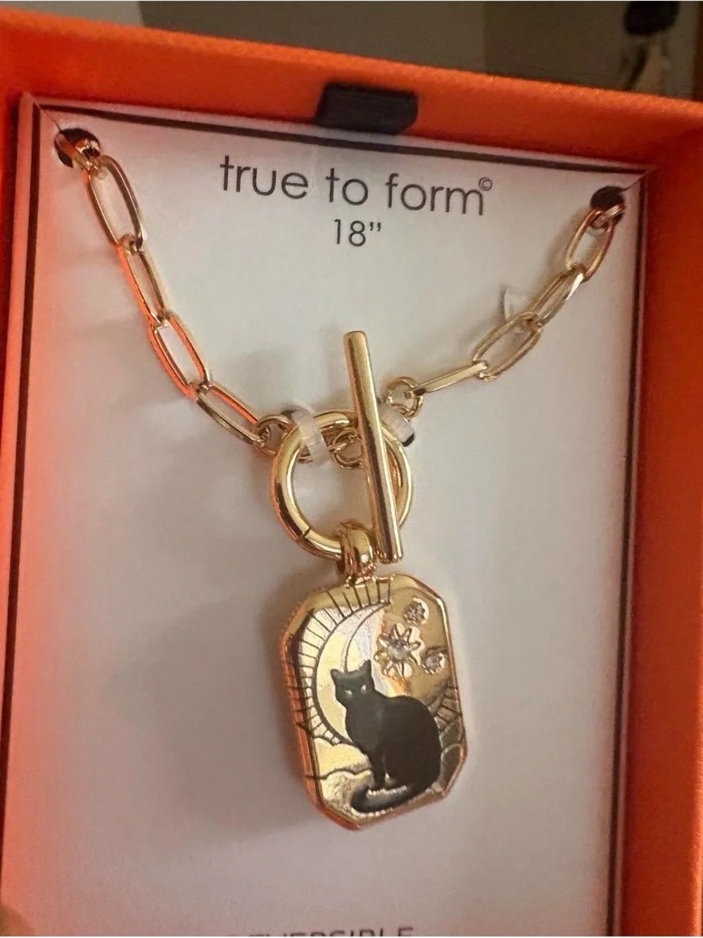 Gold-Tone Cat Pendant Necklace with Black Cat Accent Reversible